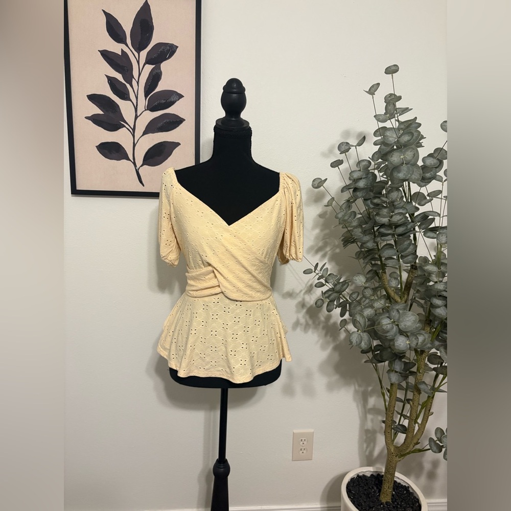 Women's baby yellow Eyelet Wrap Peplum Top
